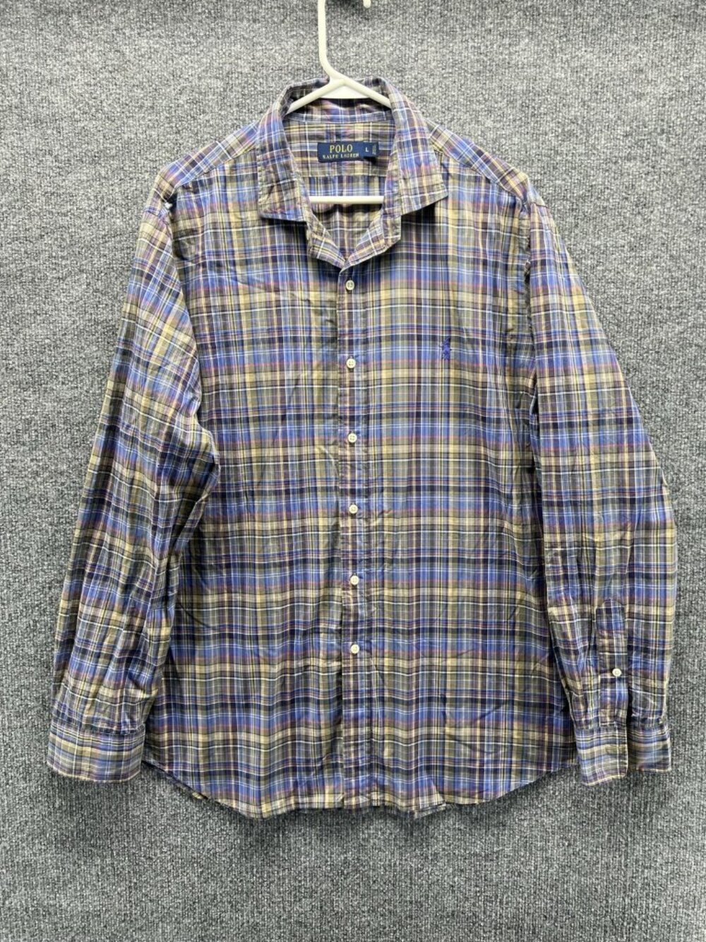 Polo Ralph Lauren Shirt Men Large Blue Plaid Long Sleeve Button Up Cotton Casual